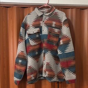 Southwestern Pattern Button-Up Shacket in Heather Gray, Teal & Rust